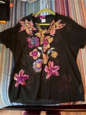 CAbi Black Floral V-Neck Short Sleeve Blouse with Pink & Purple Accents